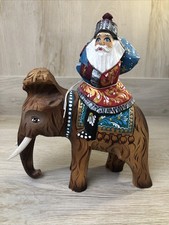 Russian Hand Carved Wooden SANTA CLAUS RIDING WOOLY MAMMOTH Christmas Figurine picture