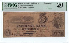 1858 $5 Large Size U.S. Obsolete Currency Note, Providence, RI, spurious picture