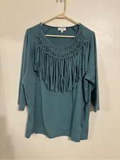 Umgee Teal Crochet Fringe Boho Top Women’s Large 3/4 Sleeve picture