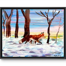 Rutenberg Original 11x14 Folk Fox Running Winter Forest Painting Canvas 563 picture