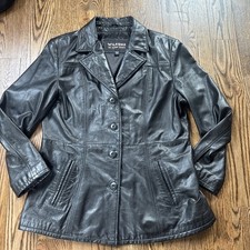 Wilsons Black Leather Button Front Jacket Women’s Large L Classic Coat picture