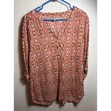 Croft & Barrow Womens XL Orange Geometric Diamond Rayon Roll Tab Henley Blouse picture