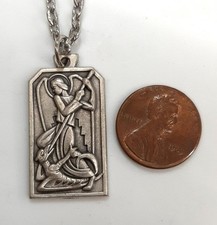 Handsome Stylize 1970's Vintage St. Michael Archangel Silvertn Medal Necklace picture