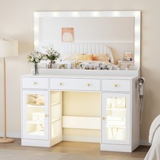 Makeup Vanity with Large Mirror and Lights, Charging Station & RGB Glass Cabinet picture