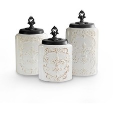, Round, White Antique Ceramic Kitchen Canister Set of 3, 60.5oz, 74.5oz, 84.5oz picture