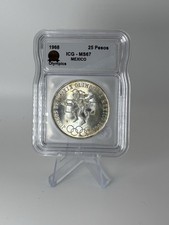 Mexico Silver 25 Peso 1968 Mexico Mint Light Rainbow Toner Olympic ICG MS67 #32 picture