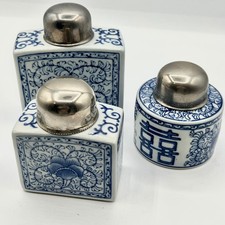 Vintage Two's Company Ceramic Blue White Floral Tea Caddies Canisters Set of 3 picture