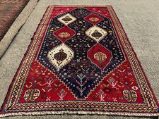 BLUE VINTAGE ORIENTAL RUG ANTIQUE 4x7  handmade handwoven navy red tribal 4x6 ft picture