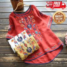 Women’s Embroidered Flowers Cotton Linen Blouse – Casual Summer Boho Top Hot picture