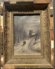Antique 19th C Oil Painting Winter Church Snow Scene Figures Old Gilt Frame picture