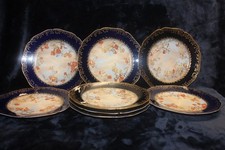 Set of 8 Rare Antique Depose Haviland Limoges Luncheon Plates, HP, Cobalt, Black picture