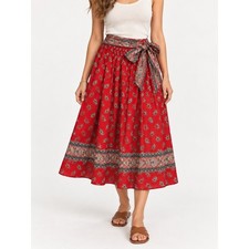 Vera Bradley Indiana Vintage Red 1991 Pattern Paisley Cotton Midi Skirt Sash Tie picture
