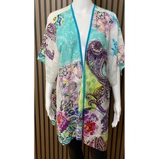 Chicos Women's L/XL Kimono Wrap Floral Burnout Sheer Open Front Turquoise picture