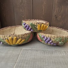 Set of Three 3 Vintage Round Nesting Baskets with Linings Hand Woven Raffia picture