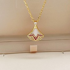 Unique Fan Pendant Necklace Gold Tone Pink Gemstone Statement Chic Women Gift picture