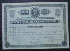 Banco Nacional del Peru Lima 1881 Accion de 400 Soles Share picture