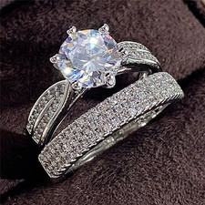 2PCS Bridal Ring Set Round Cut CZ Engagement Wedding Vintage Style Statement picture