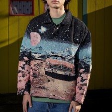 NWT Rebel Vengeance Mens Tapestry Jacket Black Pink Vintage Car Moon Woven Sz M picture