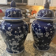 Blue White Chinese Porcelain Plum Tree Blossoms Ginger Jar Vintage Set Of 2 picture