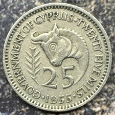 Cyprus 1955 Copper-Nickel 25 Mils. Elizabeth II. One Year Type. KM# 35 picture