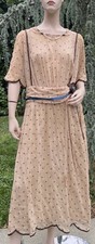 ANTIQUE EDWARDIAN BEIGE COTTON DRESS W/ EMBROIDERED DOTS BROWN RIBBON TRIM picture