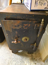 Antique Metal Safe w/ Inner Hinged Door, Interior Compartments, Floral Panel picture