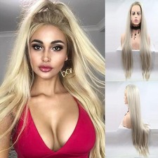 Light Blonde Wig with Golden Roots Long Straight Ombre Blonde Synthetic Lace ... picture