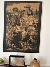 Framed scene on burlap fabric : 44 inches tall by 32 inches wide picture