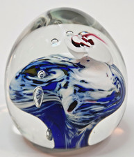 VTG 1984 Nancy Becker Studio Art Glass Paperweight Signed Egg Ovoid Blue Swirl picture