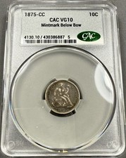 1875-CC Seated Liberty Dime 10c - CACG VG10 CAC - Below Bow Choice Original picture