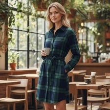 LL Bean Relaxed Fit Flannel Shirt Dress S Blue Green Plaid Belted Cotton picture