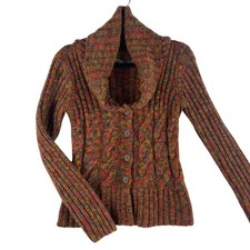 prAna WMNS Cardigan SZ S Rust Multicolor Space Dye Cable Knit Shawl Collar Wool picture