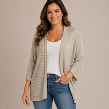 Chicos Womens Open Cardigan Size 2 Large Beige Gold 3/4 Sleeve Stretch Sweater picture