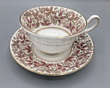 Rosina Teacup & Saucer Bone China 4902A Cranberry Leafy Vines Green Dots England picture