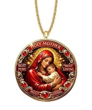 HOLY MOTHER Medallion Necklace - Enameled Gold Steel - Religious - SUPERB picture