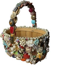 OOAK Basket Collage Art Upcycled VTG Jewelry Whimsical Heirloom Wood Brooches picture