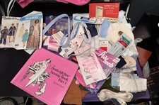 Vintage 1970's Sewing Patterns, Supplies, Book, Material Scraps, Misc picture