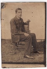 Antique Sixth Plate Tintype Young Man Seated in Chair Wearing Suit Full Length picture