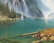 FRASE ORIGINAL PAINTING SEASCAPE SAILBOAT DEER MOUNTAINS WATERFALL LANDSCAPE ART picture