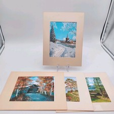 Vtg Holographic Foil Art Print set of 4 Landscape  Seasons Bridge  picture