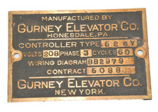 Vintage GURNEY Elevator Co. PA New York Type 52GY BRONZE TAG PLATE 4