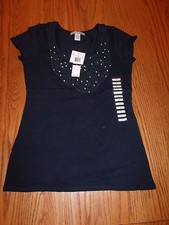 Nwt RXB Knit Short Sleeve Shirt Navy Blue Rhinestone Size Small S picture