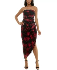 NWT Emerald Sundae Junior Black Red Floral Ruched Neutral Slim Midi Dress Size M picture