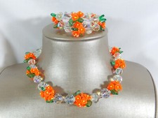VTG VENDOME MOLDED GLASS FLOWERS LEAVES & CRYSTAL NECKLACE AND BRACELET SET RARE picture