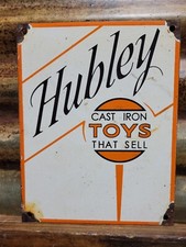 VINTAGE HUBLEY PORCELAIN SIGN CAST IRON KIDS TOY TRAIN TRUCKS CAR CHILDREN TRAIN picture
