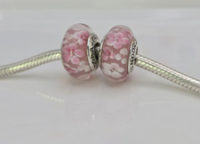 Authentic Pandora Pair of pink flower delicate pink floral Charms Murano Glass picture