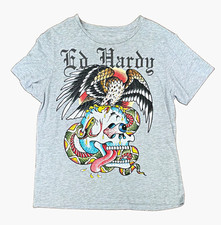 Ed Hardy Gray Double-Sided Skull Eagle Snake Graphic Tee w/ Rhinestones L picture
