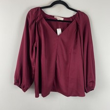 LOFT Popover Pleated Blouse Size Medium Burgundy V Neck Balloon Sleeves picture