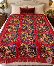 Vintage Red Plush Bedspread Floral Roses Fringe Blanket Sofa Throw Tablecloth picture