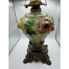 Antique Embossed Rose Glass Oil Lamp Base Ornate Cast Metal Footed Stand 271 picture